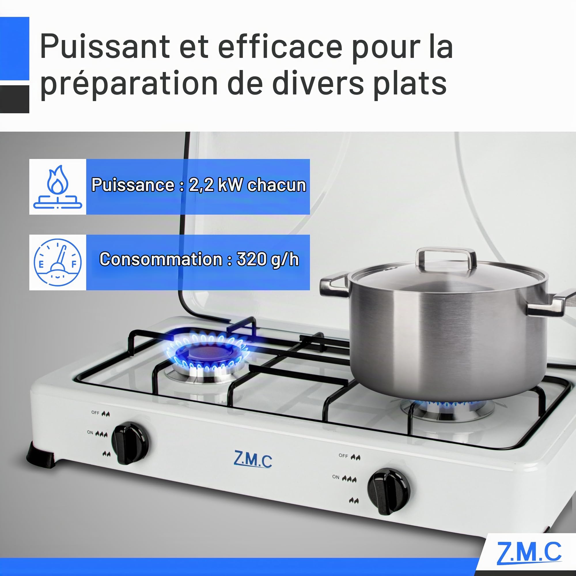 Z.M.C cuisinière à gaz double flamme, cuisine de camping, plaque de cuisson à gaz avec tuyau + régulateur, propane gaz liquéfié (GPL) optimisé, 2,2 kW par brûleur pour cuire deux plats en même temps,