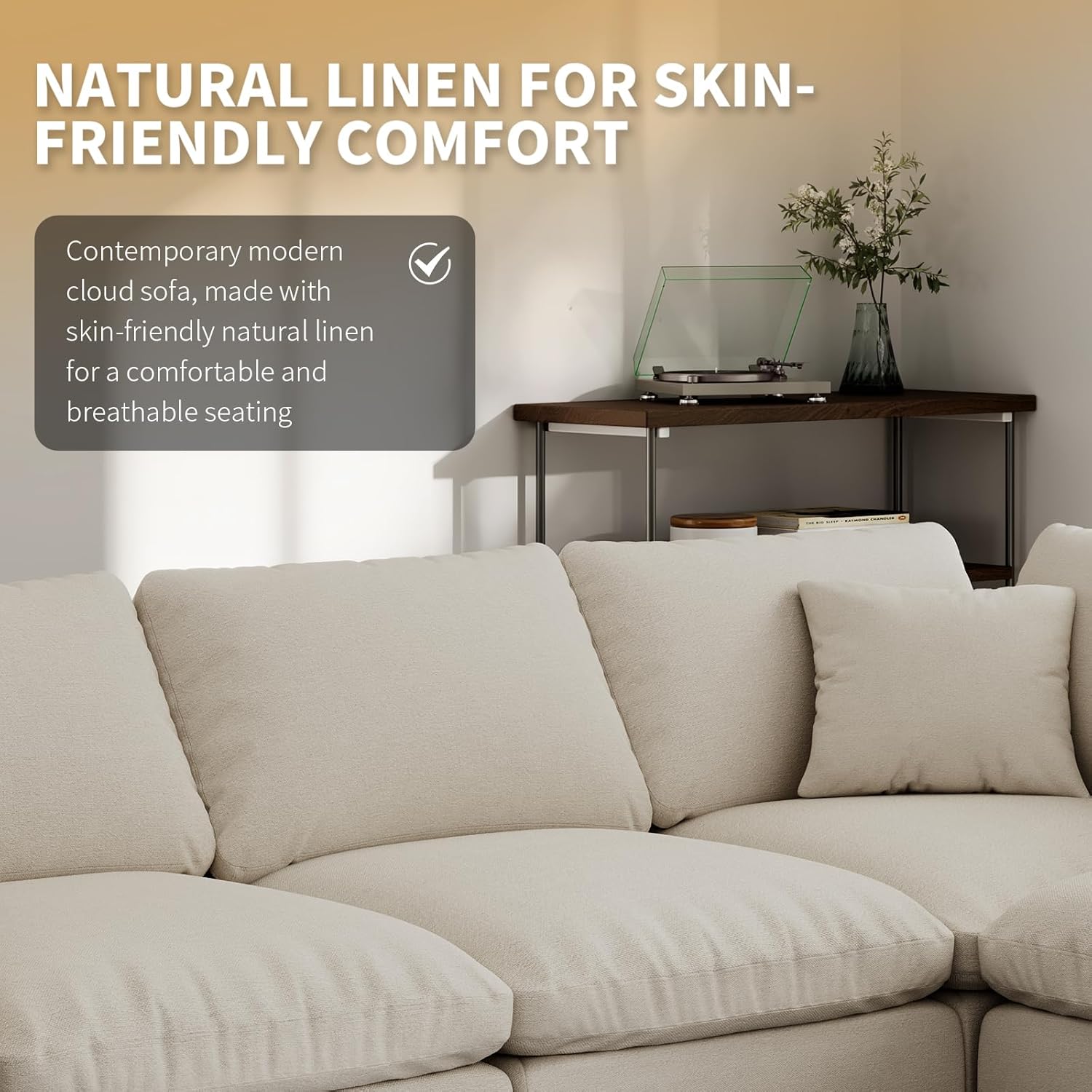 Modern Sectional Linen Couch for Living Room V-Shape Sofas,6 Seat Modular Cloud Sofas with Ottoman,Couches Cushion Covers Removable,Cozy Feather Down Sofa for Apartment Beige