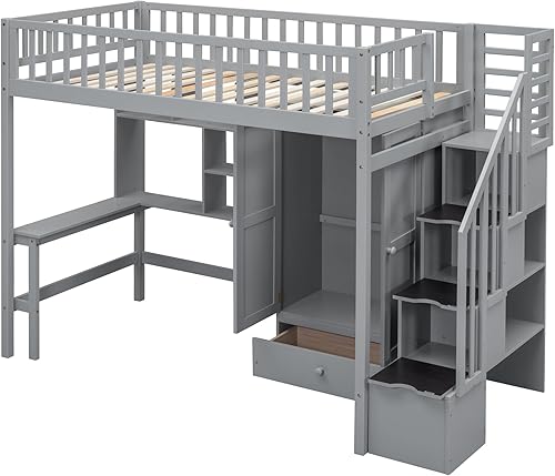 Miniatura 8 de Cama alta multifuncional de tamaño individual con estantería y cajones marco de cama de madera con escritorio y armario cama alta de almacenamiento