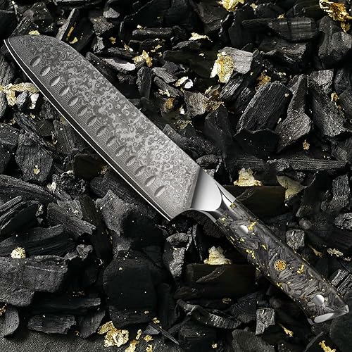 Miniatura 6 de Kuwata Santoku - Cuchillo de chef profesional de Damasco de 7 pulgadas, serie de oro negro, cuchillo japonés VG-10 de acero inoxidable de alto