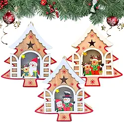 Kit Pingentes Natalinos em Madeira com LED – Enfeites Decorativos Iluminados para Árvore de Natal, Porta e Casa – Modelos com Papai Noel, Boneco de Neve, Rena (Pingente de Árvore - 3 UND)