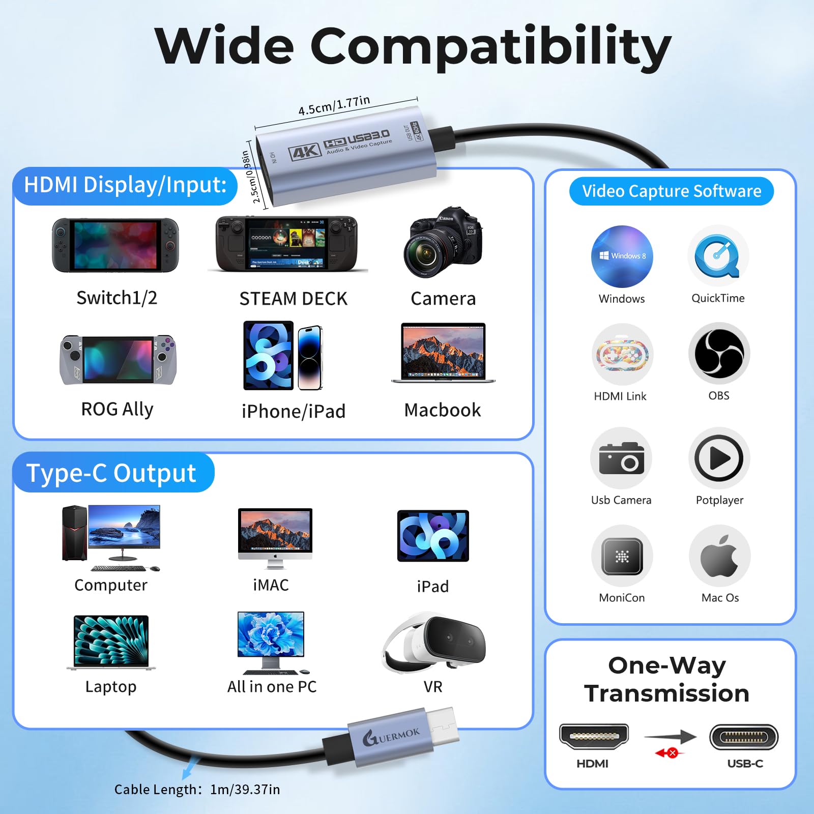 Guermok Carte de Capture Switch, Streaming et Enregistrement en 4K@60FPS, 1080P@240FPS, 1m, USB 3.0 HDMI vers USB-C, Compatible Pad, Switch 2/1, Quest 3, Mac, PC, OBS