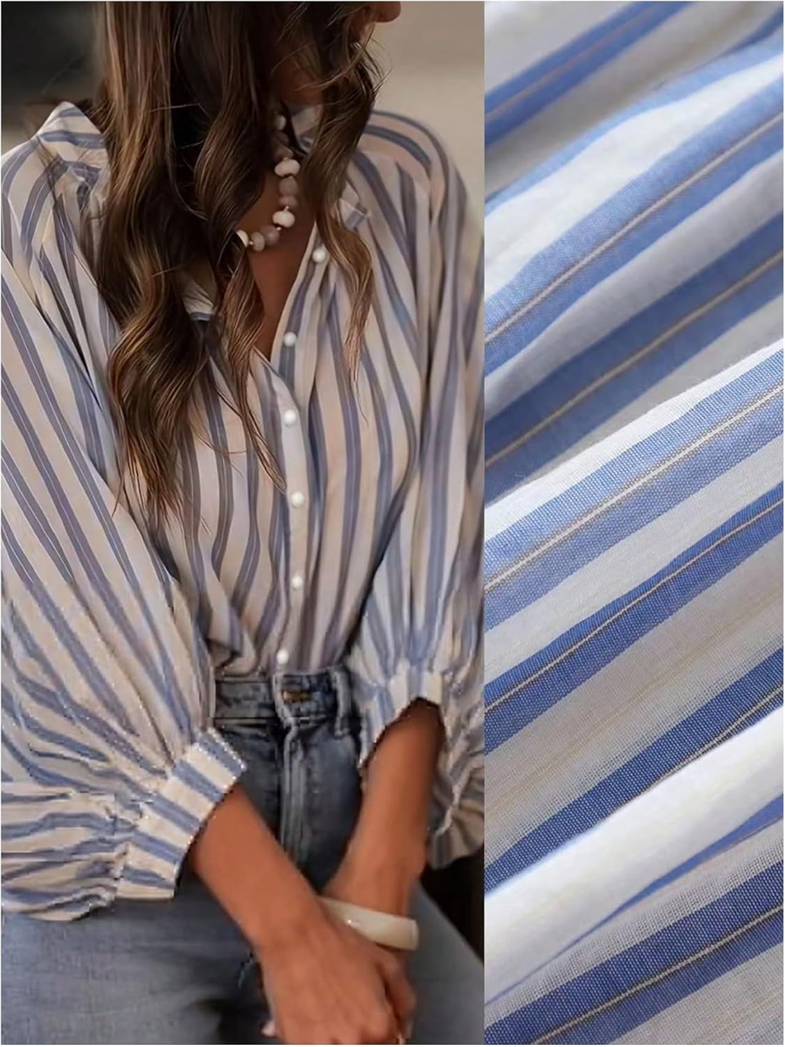 GORGLITTER Women's Striped Button Up Shirt Oversized Puff Sleeve Blouse Frill Trim Peplum Tops - Image 5