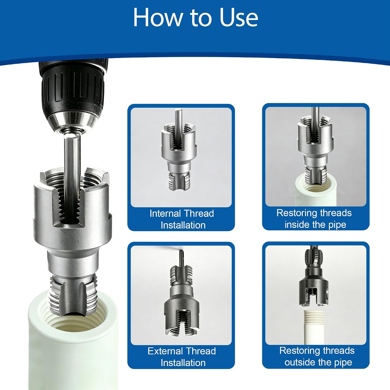 7PCS Internal & External Pipe Thread Cutting Tool - PVC Pipe Threader Tool for 1/2'', 3/4'' PVC/Plastic Pipes, Pipe Threading Tool Compatible with Electric Drill