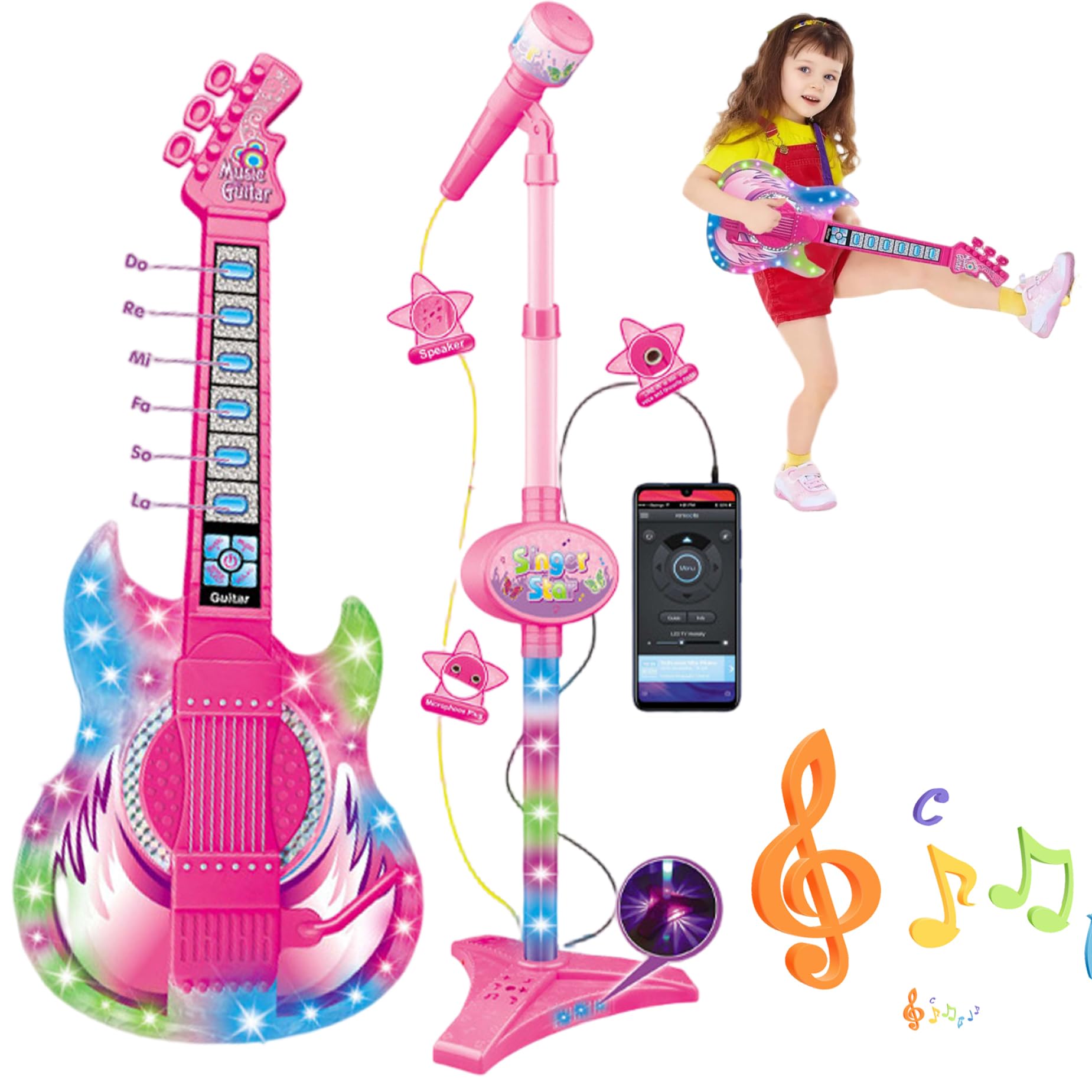Chitarra e Microfono per Bambini, Chitarra Giocattolo con Musica e Luce Microfono per Bambini 2 in 1 Regolabile in Altezza con Supporto Strumenti Giocattolo per l'apprendimento