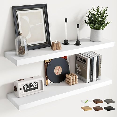 Miniatura 1 de Juego de 2 estantes flotantes de 36 pulgadas para pared, estantes de baño de grano de madera de 8 pulgadas de profundidad con soportes invisibles,