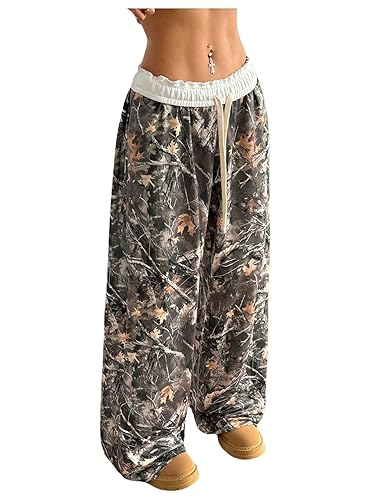 SOLY HUX Women's Camo Pants Wide Leg Baggy Sweatpants Elastic Waist Drawstring Loose Pants Trendy Y2K Drawstring Trousers - XX-Large - Green Camo