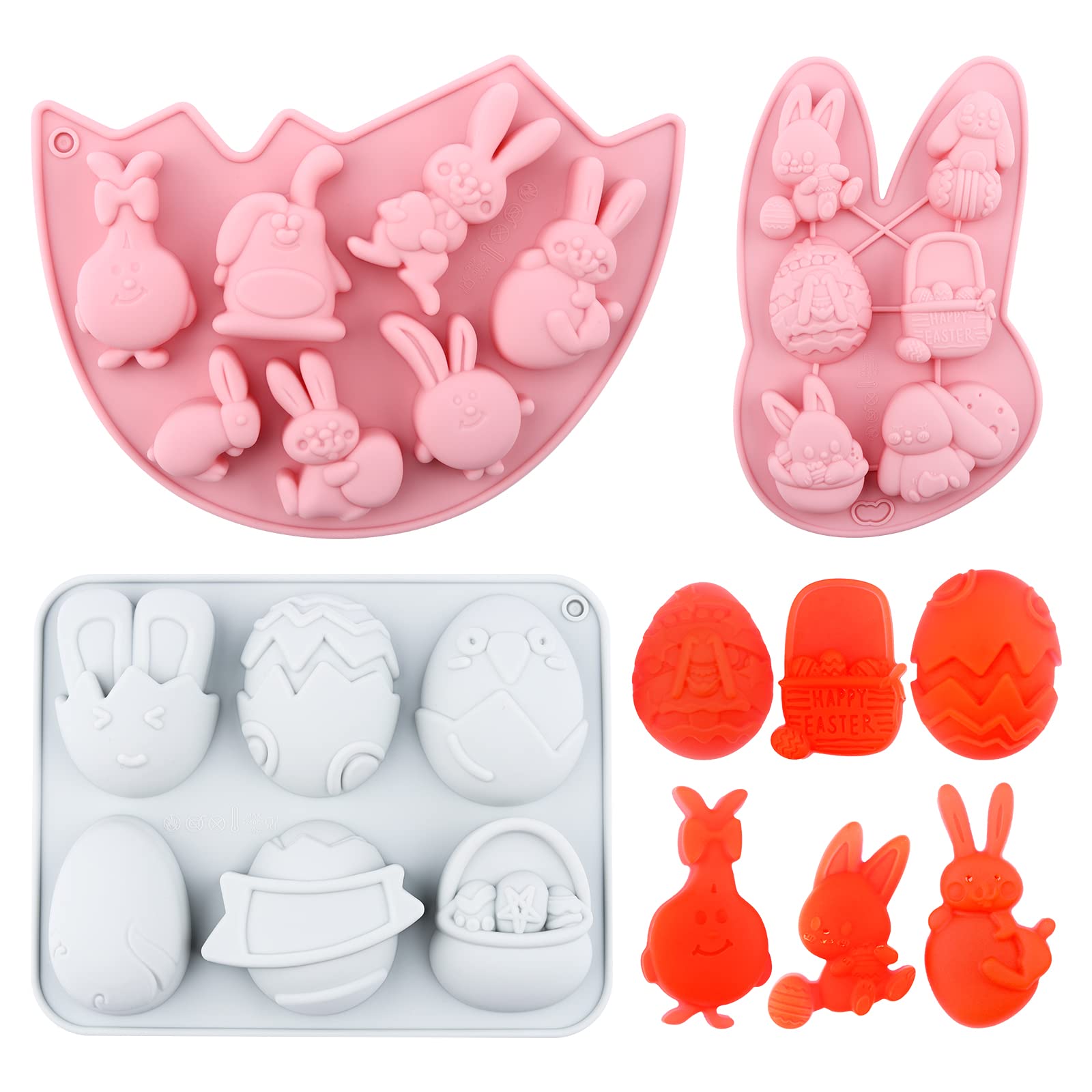 19PCS Easter Silicone Molds Kalolary Easter Egg Chocolate Cake Mold 3D Easter Bunny Fondant Candy Mold for Easter Cake Biscuits Decorations Festival Party Supplies