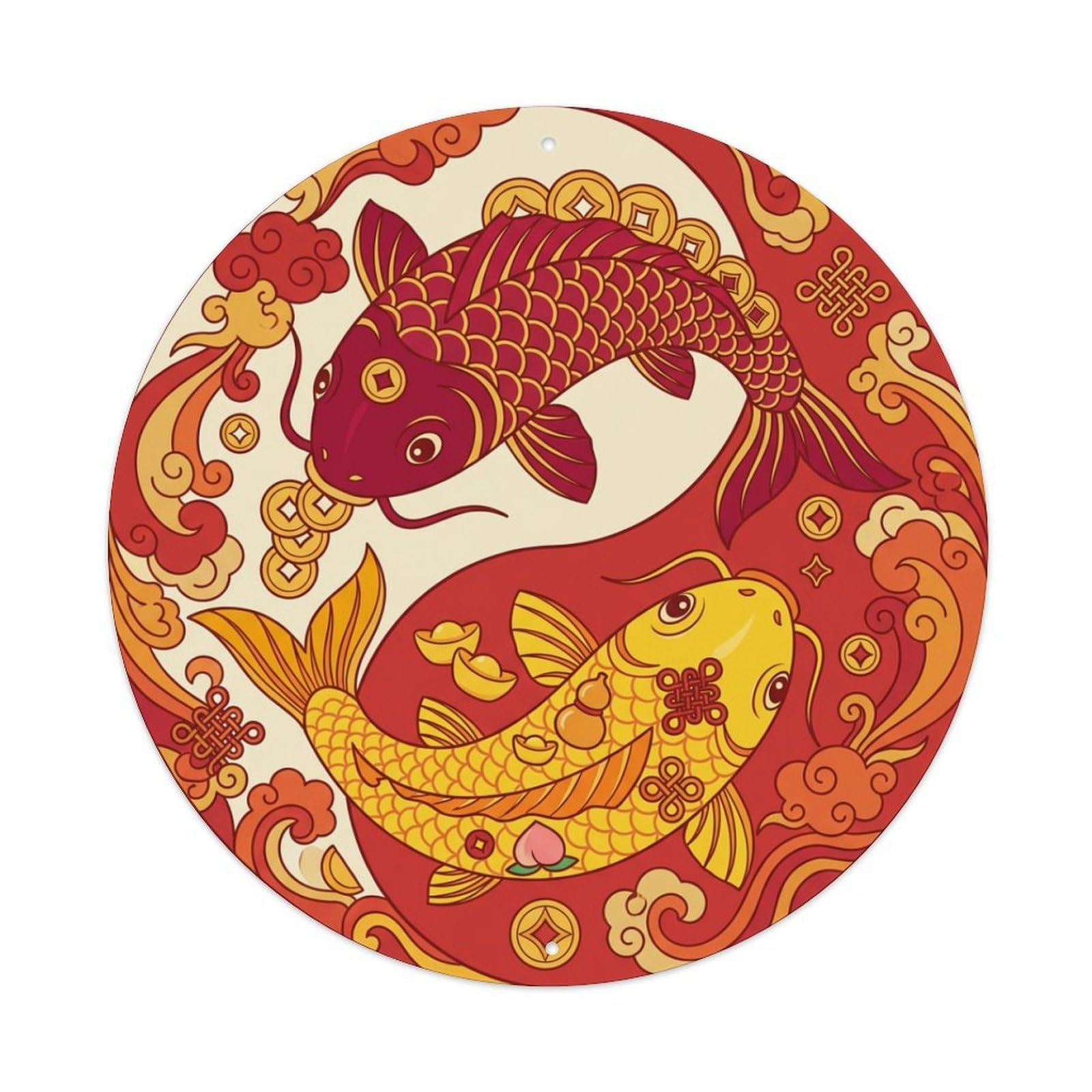 Metal Tin Sign Tai Chi Koi Fish Luck Blessing