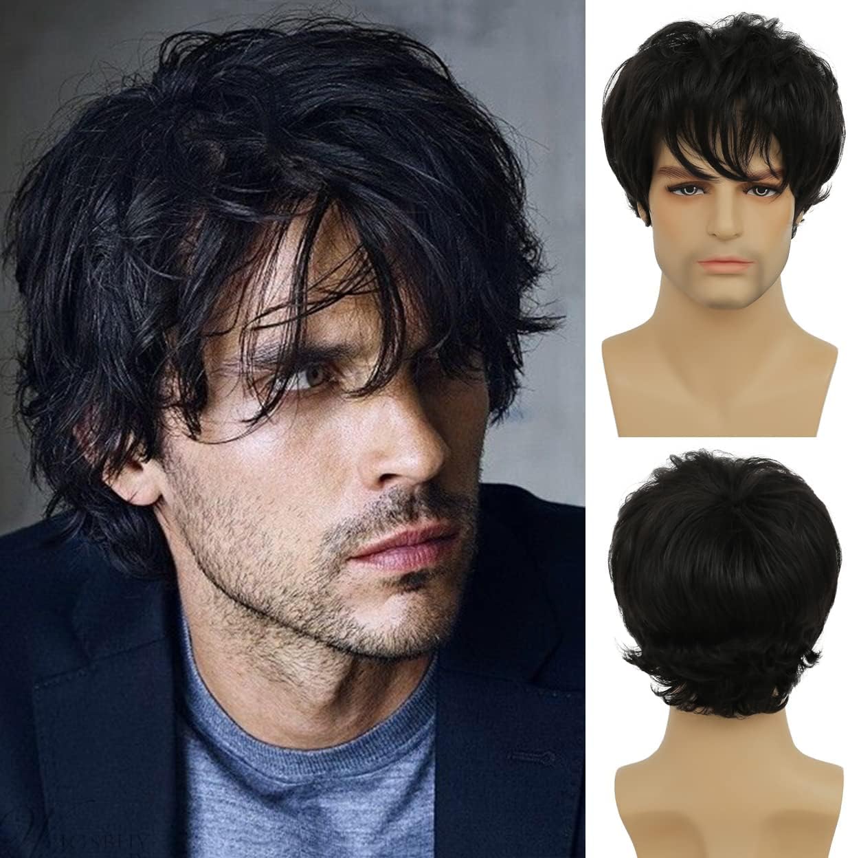 Mens Black Wig Curly Cosplay Wig Synthetic Halloween Hair Wig with Wig