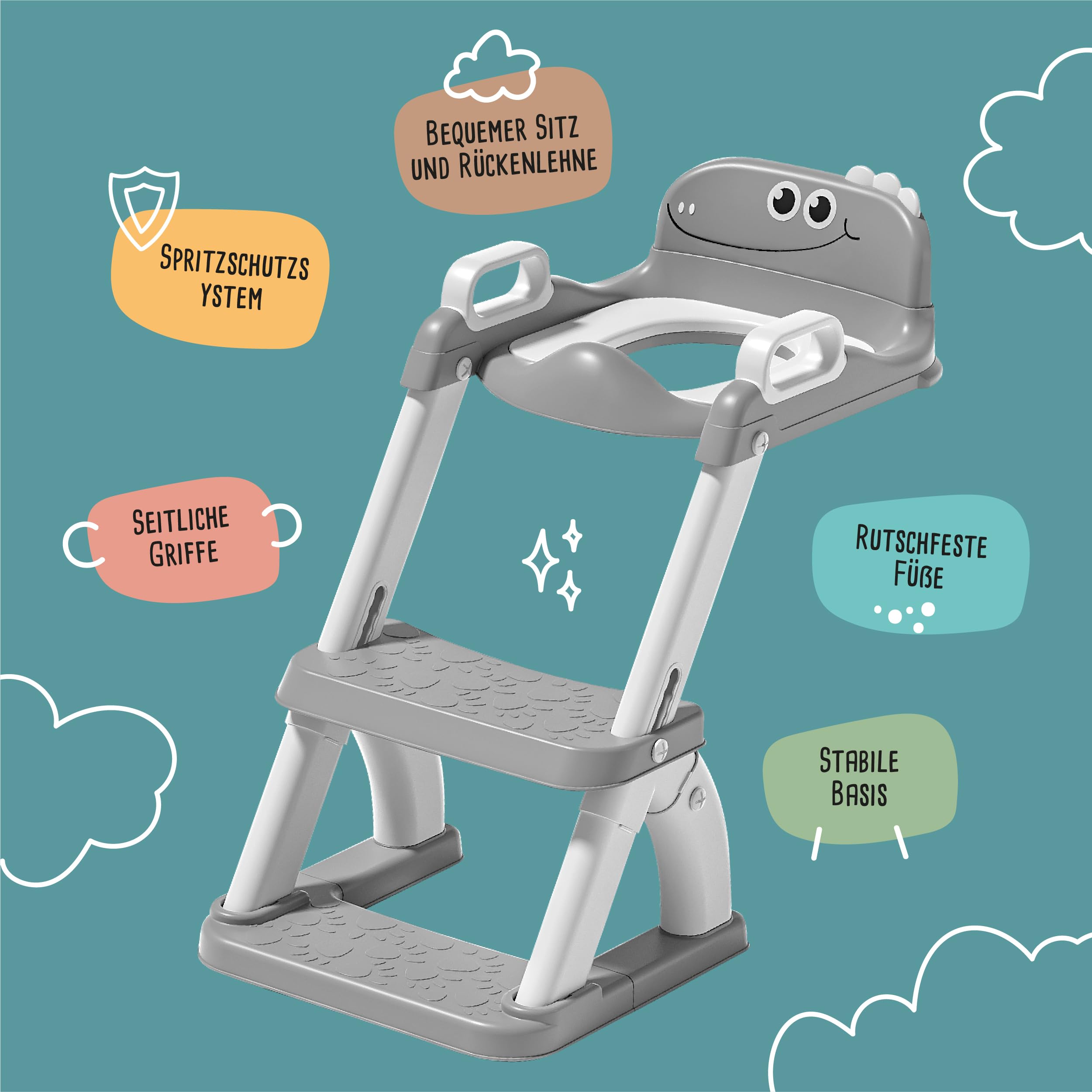 Toilettensitz Kinder mit Treppe – Höhenverstellbarer Kinder Toilettensitz mit Trittstufe & Rückenlehne – WC Sitz Kinder, Toilettentrainer, Klositz & Aufsatz Toilette Kleinkind