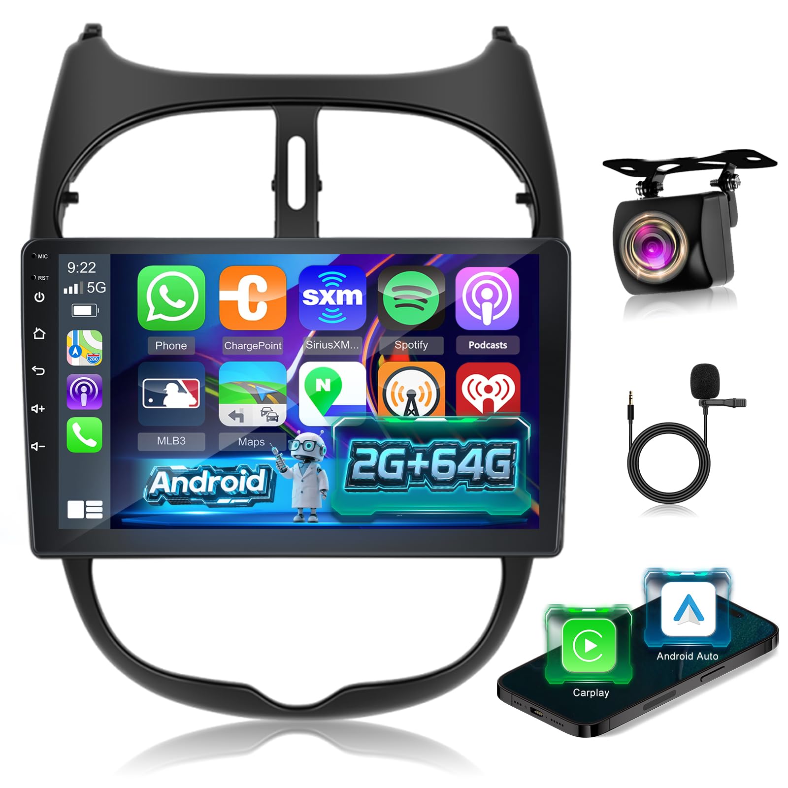 NHOPEEW Radio para Coche 2G+64G para Peugeot 206/206CC 2002-2008 - Carplay inalámbrico y Android Auto - Radio Carplay de 9 Pulgadas con WiFi, Ecualizador, GPS, cámara de visión Trasera AHD