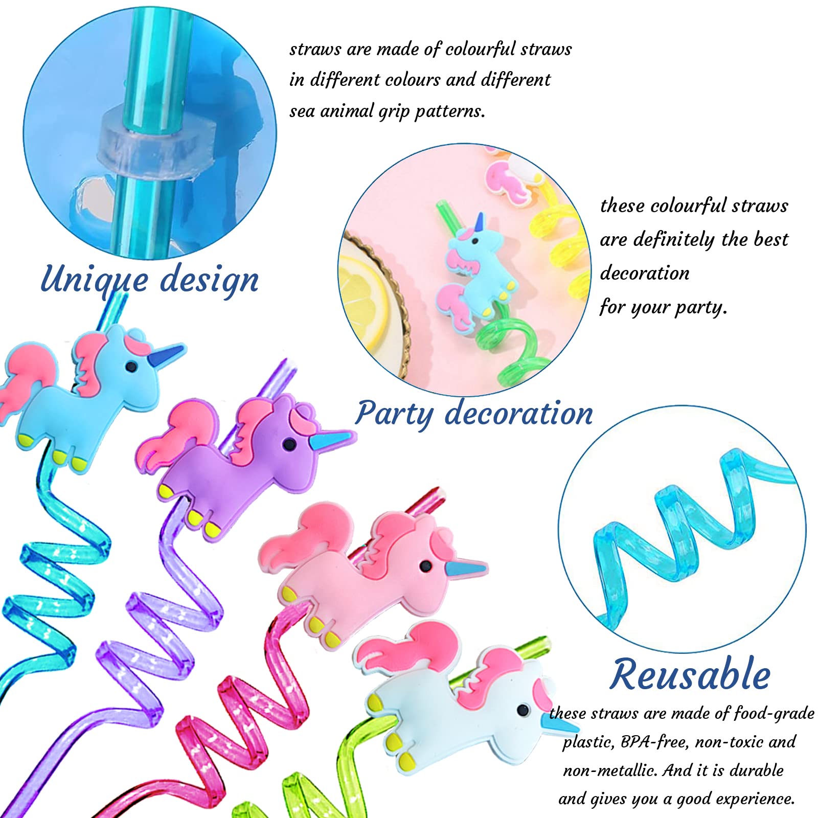 Akamas 4 Cannucce Riutilizzabili A Forma Di Unicorno, In Plastica Alimentare, Per Feste Di Compleanno E Decorazioni Per Bambini - 3