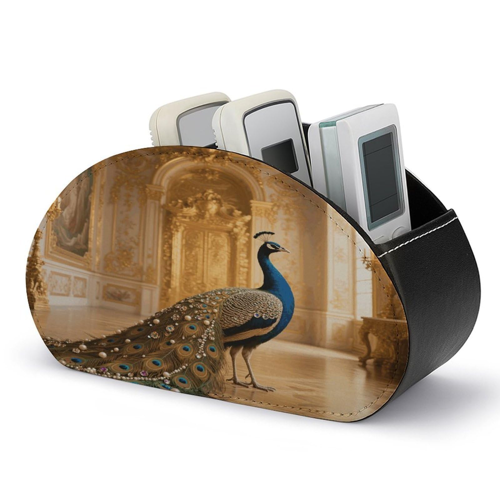 VstaDank Jeweled Peacock Remote Control Holder with 5 Compartments PU Leather TV Remoter Caddy Desktop Organizer TV Remote Holder Remote Box for Media Controllers Office Supplies