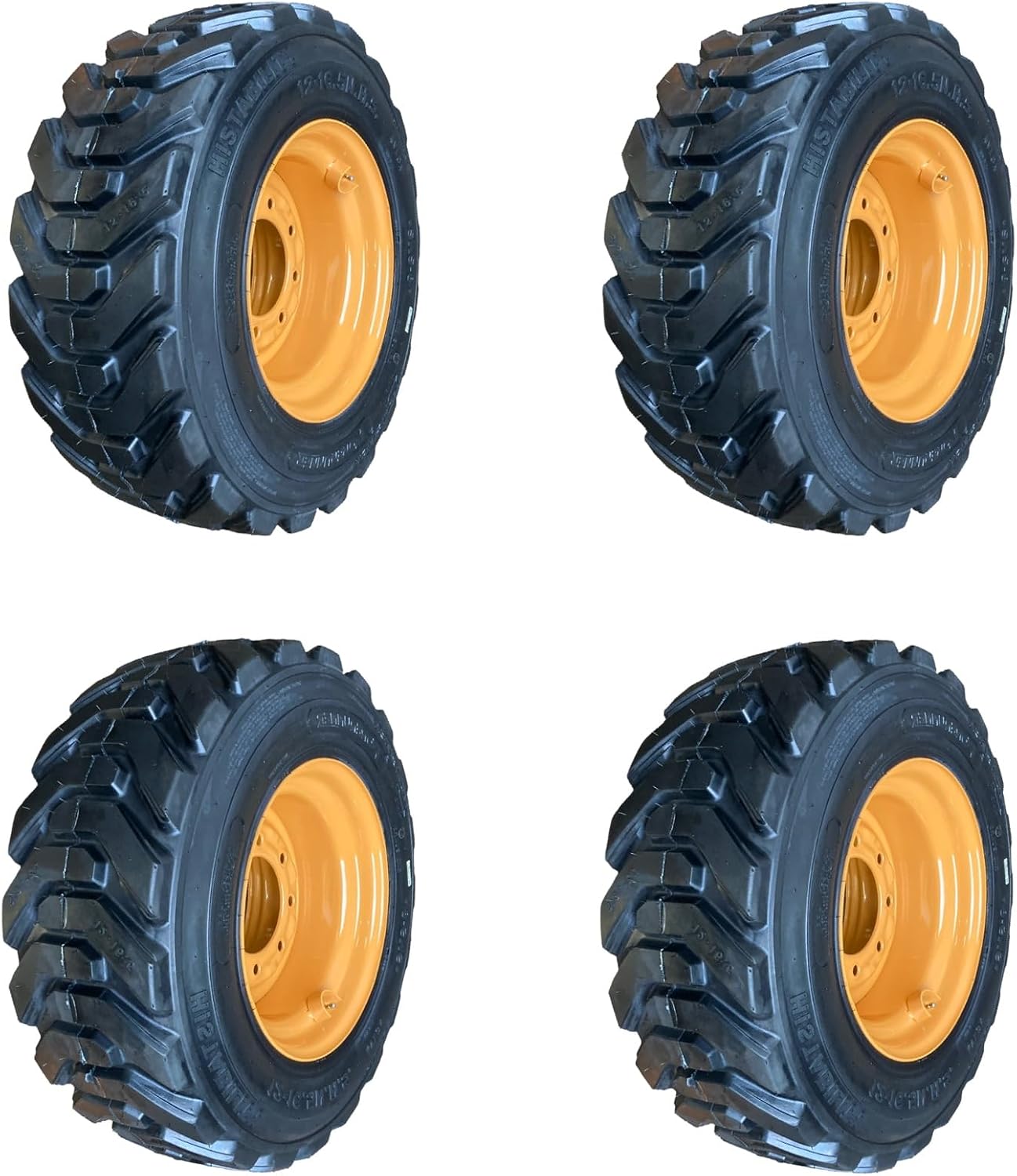 Set of 4-HD FOAM FILLED (NO FLAT) 12-16.5 Forerunner SKS-8 Skid Steer Tires on Black Wheels/Rims (8 lug) for Case & more (6" Back Spacing) -14PLY -12X16.5
