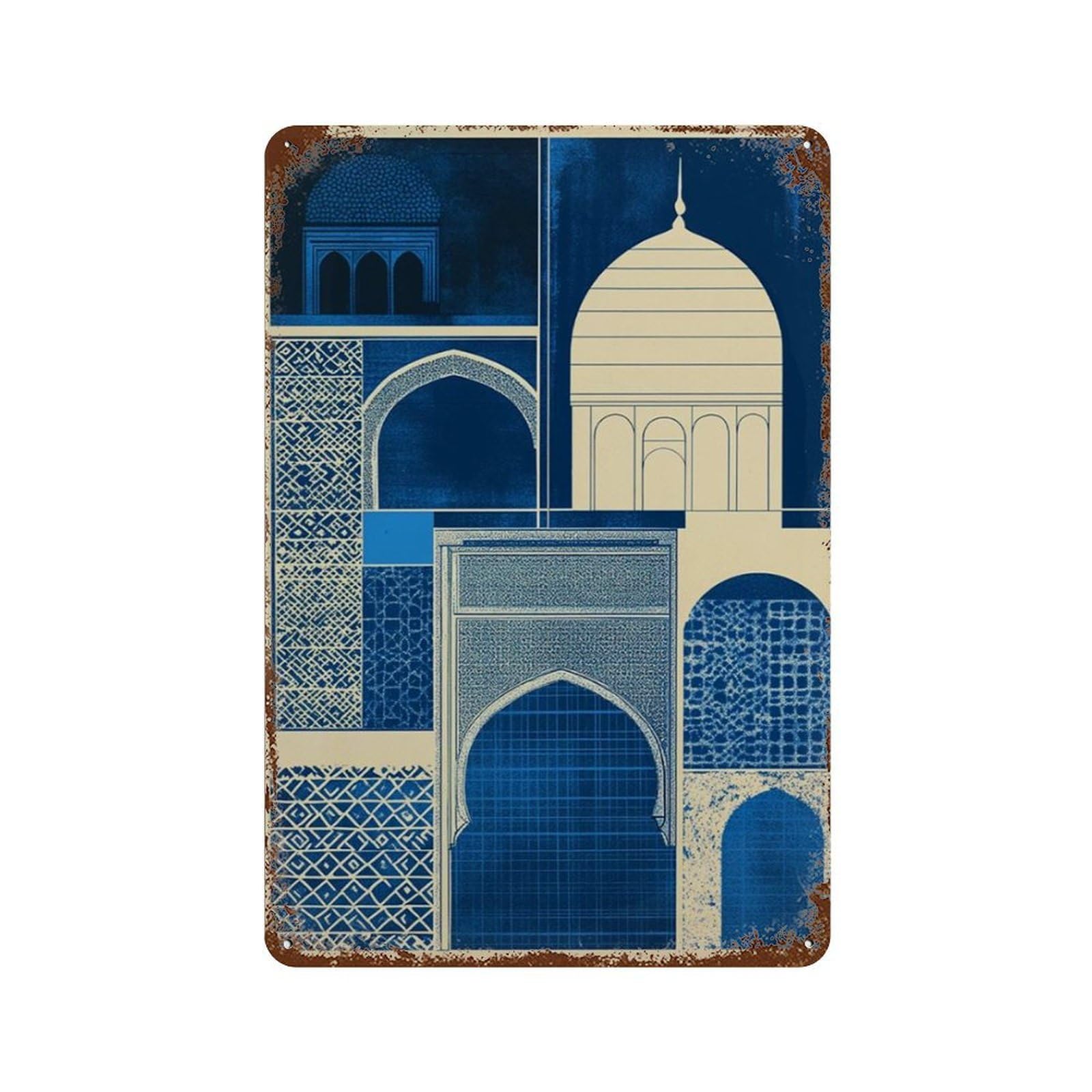 xiaoxiaoshen Moroccan Architecture Blue Geometric Islamic Arch Pattern Wall Decor Art Metal Tin Poster Modern Home Decor Art Home Bar Shop Decorations Vintage Sign 30x20cm