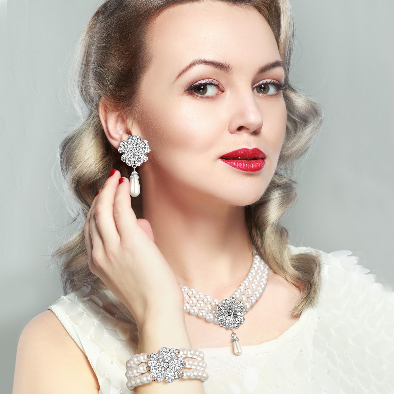 Maitys 3 Pcs 1920s Pearl Jewelry Set Includes Vintage Flapper Earrings Multilayer Imitation Pearl Necklace Bracelet for Women