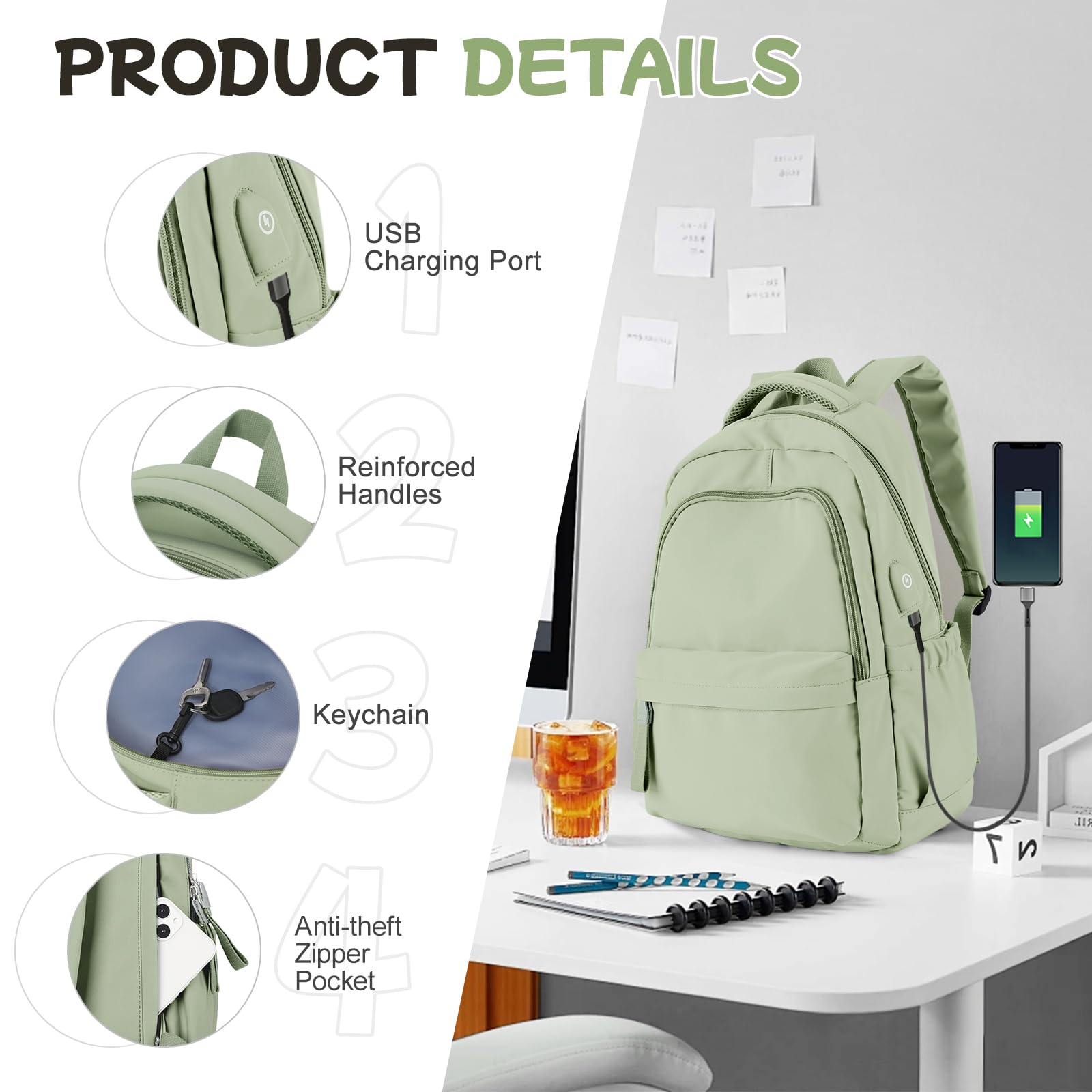 WEPLAN Zaino da Scuola Superiore Zaino Università Donna Zainetto Zaini Scuola Media Ragazza Ragazzo Zaino Casual College Backpack School Impermeabile Zaino Lavoro Donna PC 14 Pollici