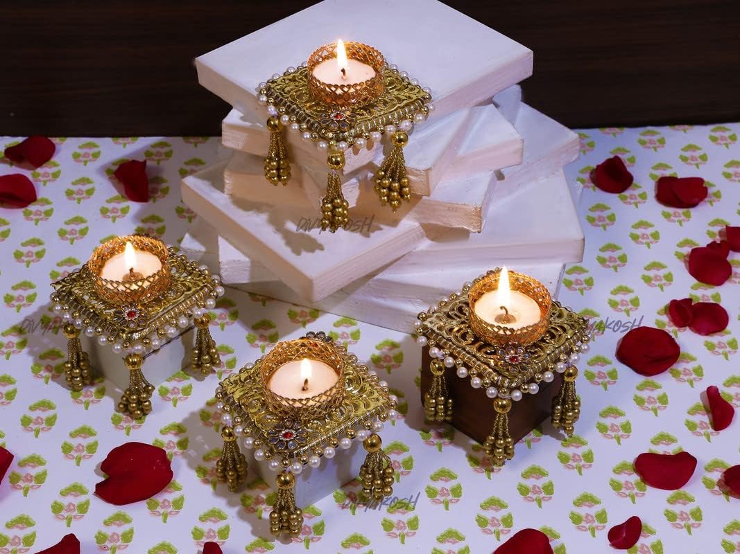 Divyakosh Metal 4 Pcs Table Corner Golden Tealight Candle Holder for Home Décor LED Light Diya Lights for Decoration,Golden Lamp for Table Corner,Dheepam for Festival Diwali Diya for Puja