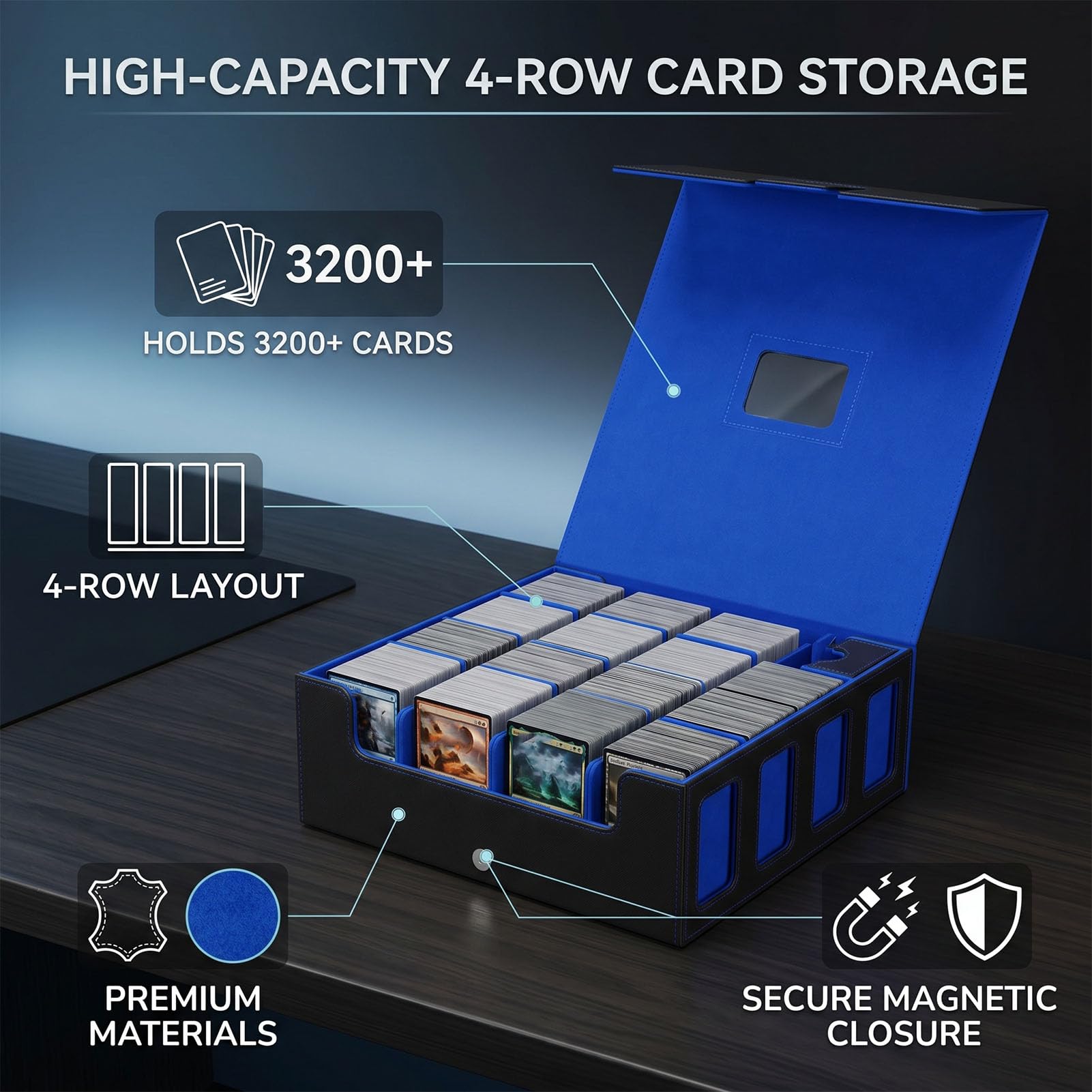 SUNGOOYUE Caja De cenamiento De Tarjetas Coleccionables, Capacidad De Cajas Soporte De Baraja De Cuero De Pu De 4 Filas Para La Colección De Tarjetas De Juego Commander Caja De cenamiento De