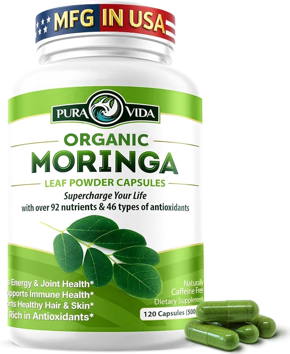 PURA VIDA MORINGA Capsules Single Origin Moringa Powder Organic. Pure Moringa Leaf. Energy, Metabolism, & Immune Support. 120ct. 500mg Caps.