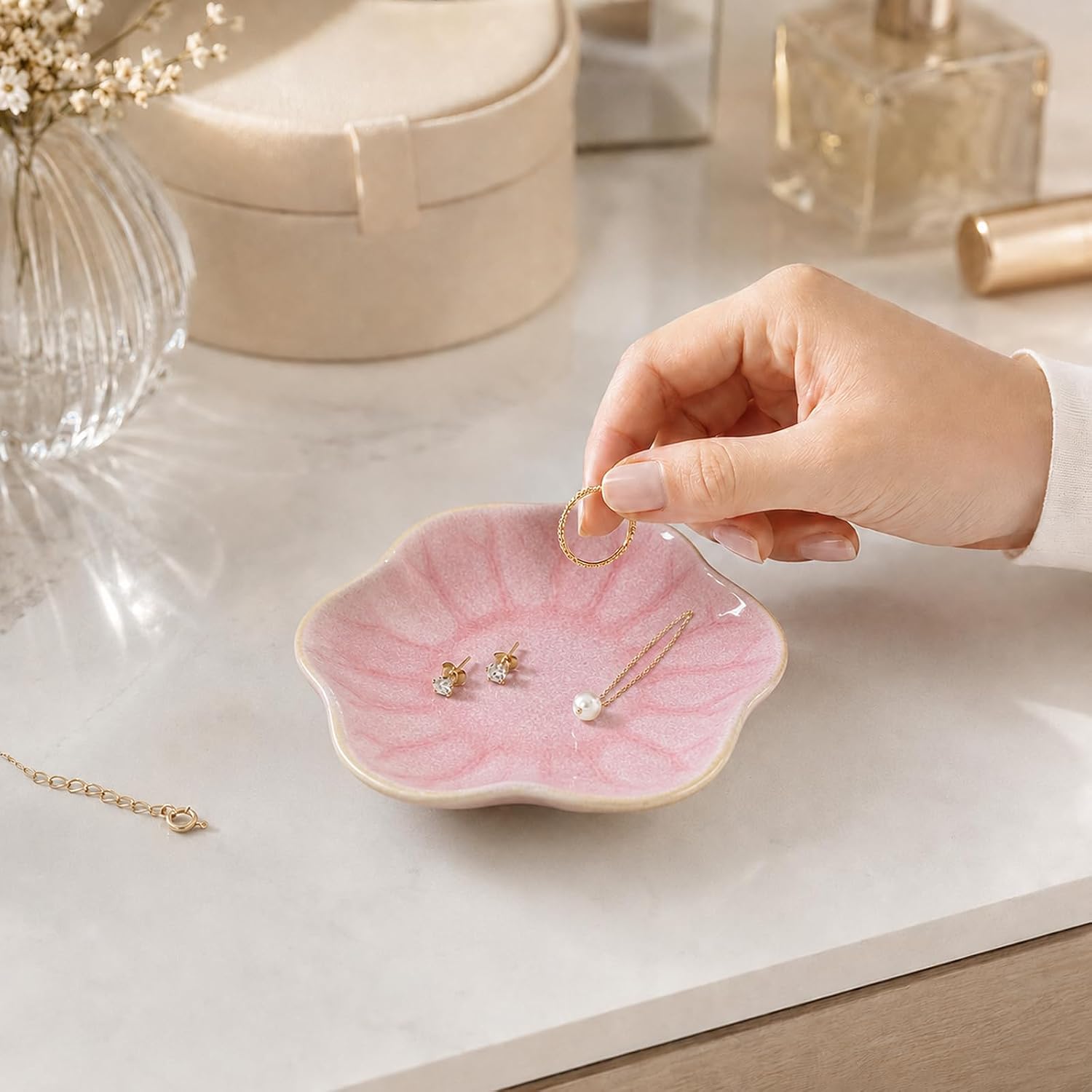 Ceramic Jewelry Tray, Lotus Leaf Ring Dish, Trinket tray Necklace Earrings small jewelry dish, Decorative Bowl for Dresser and Nightstand, Key Tray for Entryway, Gifts for Women, Pink image 4