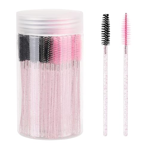 100 varitas desechables para rímel, cepillo de cejas de cristal para extensiones de pestañas, cepillos de pestañas con contenedor, palo rosa, cabeza