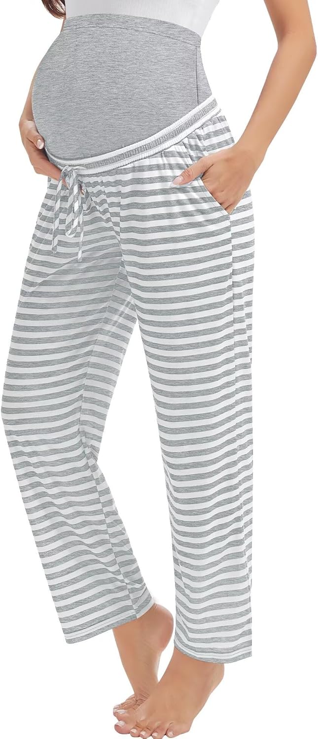SWOMOG Women's Maternity Pajama Pants Over The Belly Pregnancy Pants Stretchy Lounge Wide Leg Trousers with Pockets