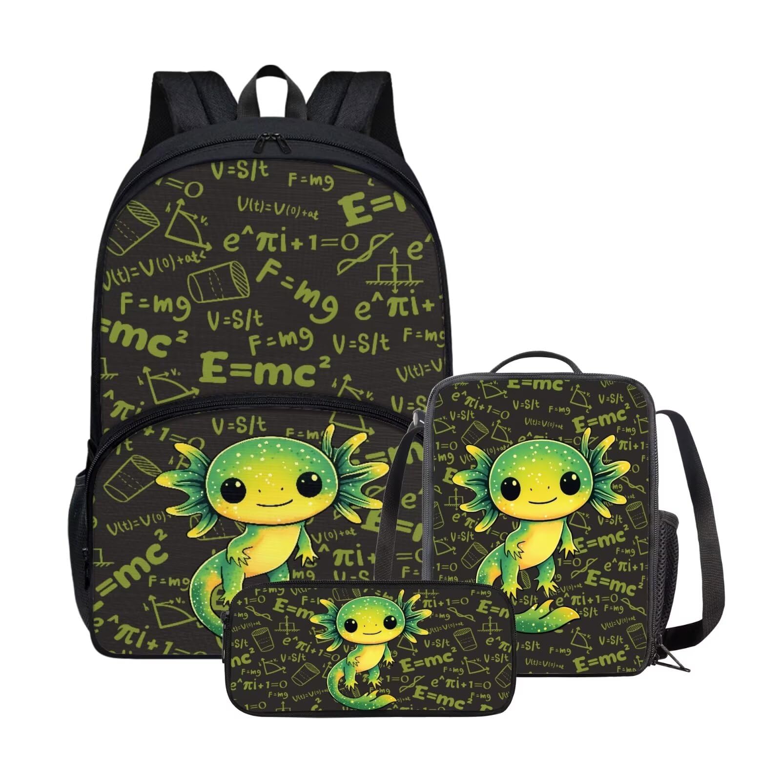 JHQFWMKJ Axolotl School Bag 3-Piece Set Cute Backpack with Lunch Box Pen Case for Kids Backpacks Ages 8-10 Pencil Case Boys Elementary School Supplies