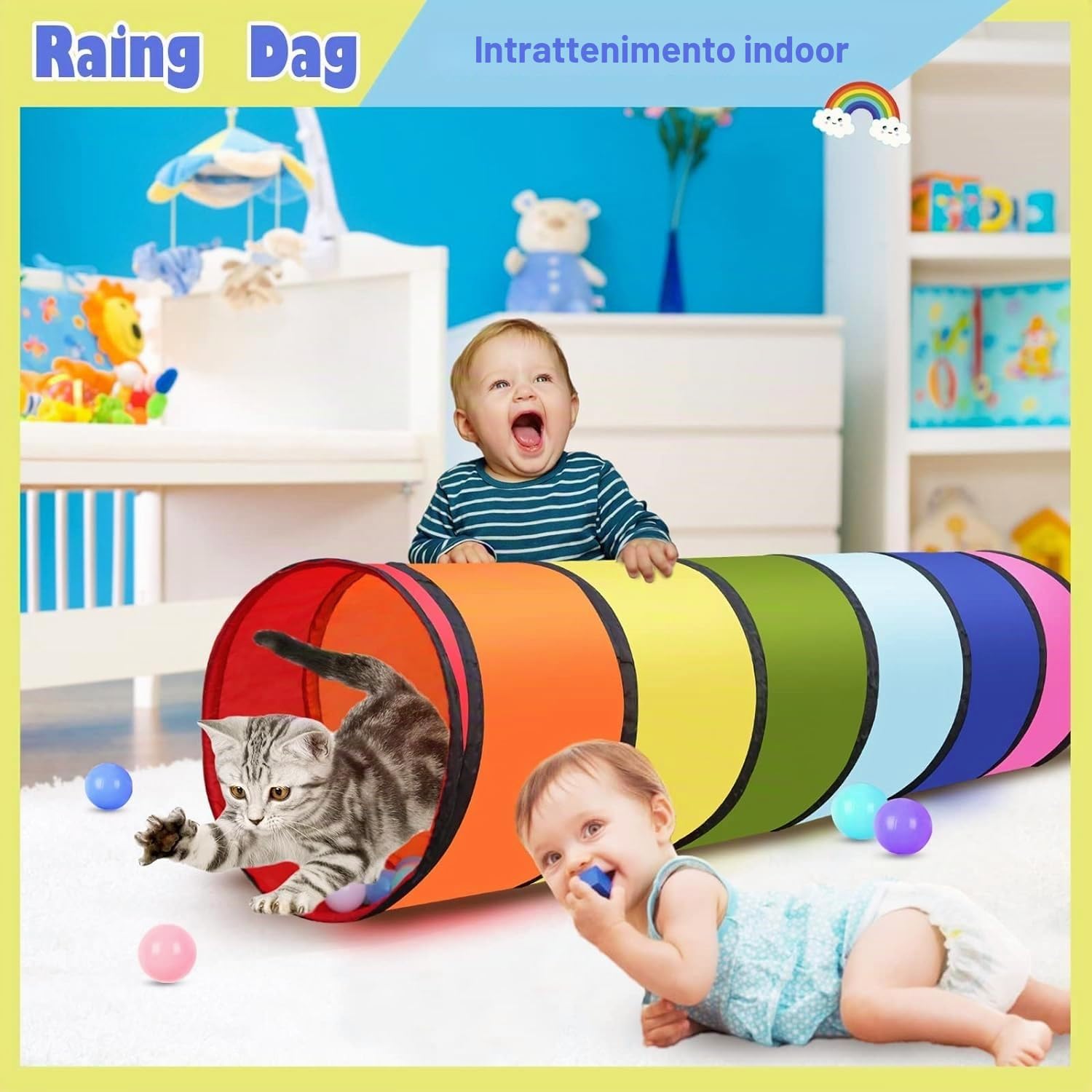LATERN 180CM Tenda a Tunnel per Bambini, 46CM Tunnel per Bambini con Apertura Rotonda Tunnel di Scansione Pop-Up Colorato per Ragazzo Ragazza Animali Giocare Interno All'aperto Giardino Casa Gioco