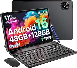 POPUX P11 11 Inch Tablet, Android 16 Tablet with Gemini AI, 48GB RAM+128GB ROM/TF 2TB, Octa Core T7250, 90Hz Display 8800mAh Tablets with Keyboard, Pen, 13MP+5MP, 3.5mm Headphone, 5G WIFI, OTG, Black