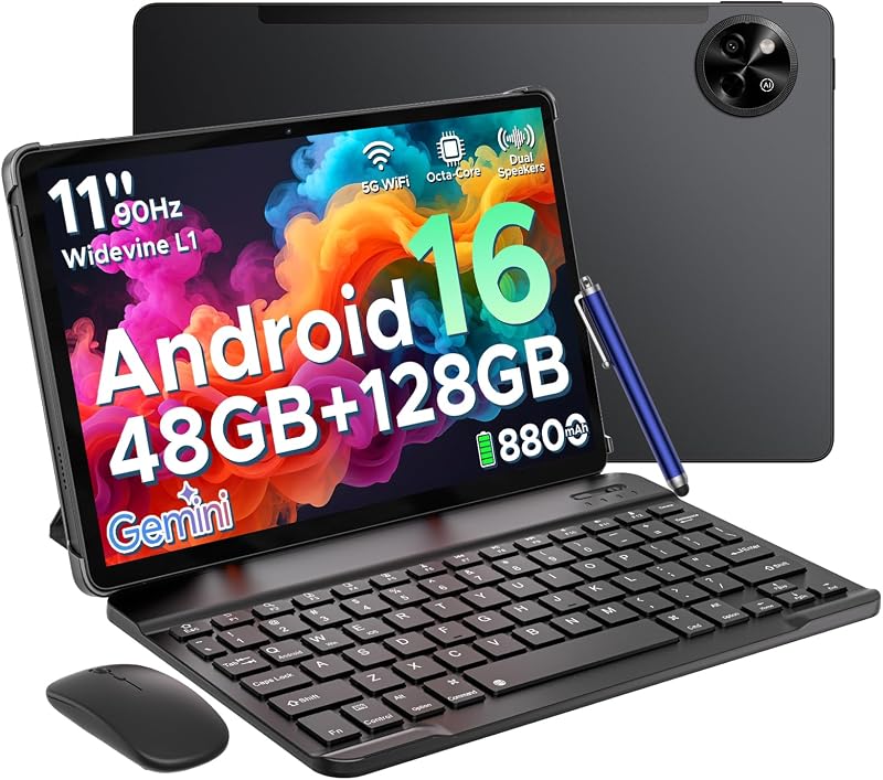 POPUX P11 11 Inch Tablet, Android 16 Tablet with Gemini AI, 48GB RAM+128GB ROM/TF 2TB, Octa Core T7250, 90Hz Display 8800mAh Tablets with Keyboard, Pen, 13MP+5MP, 3.5mm Headphone, 5G WIFI, OTG, Black