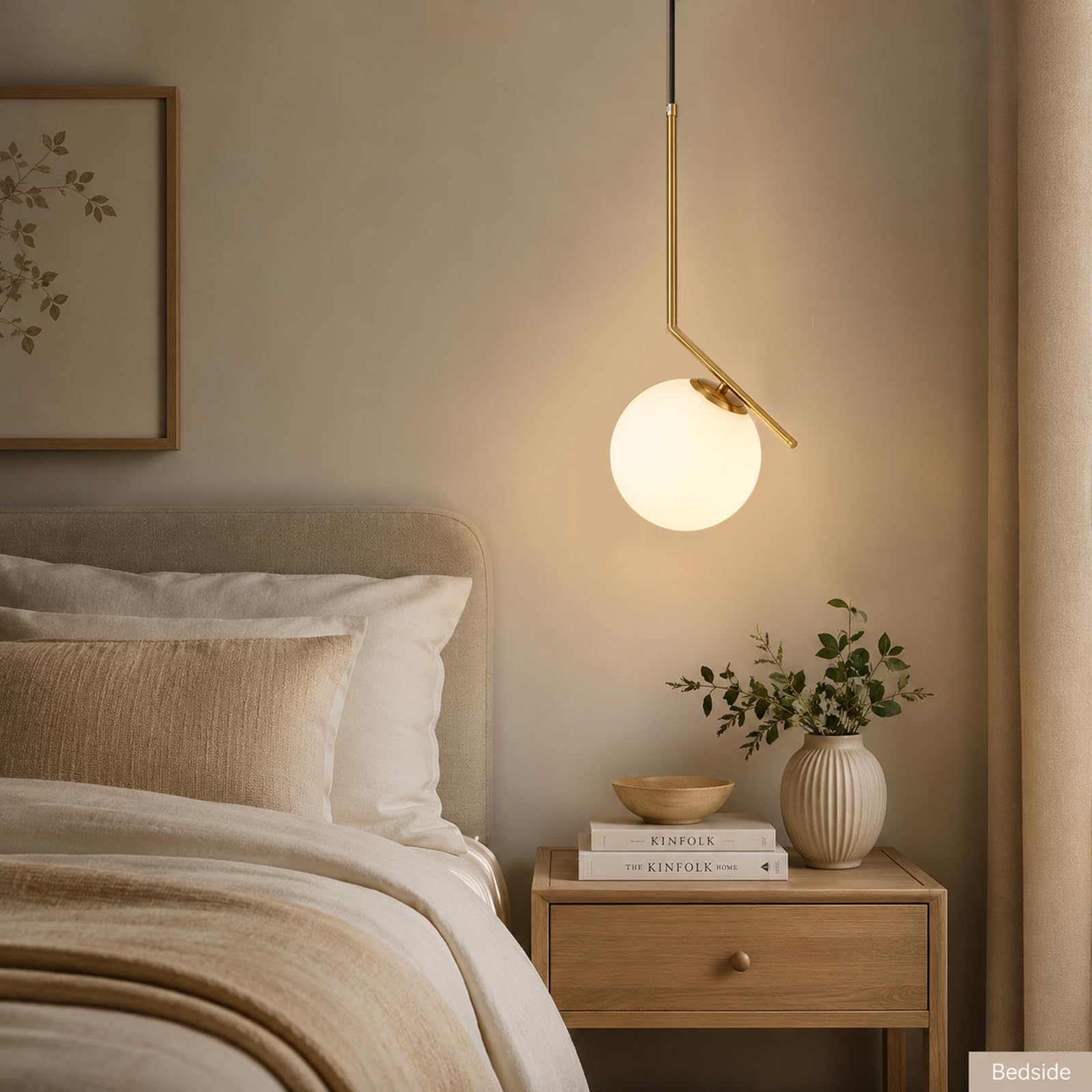 Lampada a sospensione moderna a sfera in vetro bianco, lampada da soffitto in metallo ottone, Lampadario da cucina per soggiorno e sala da pranzo (1-luce)