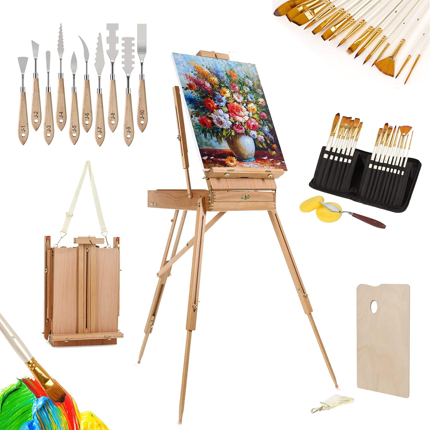 E&P Great Deluxe Value Artist Acrylic Painting Set with Solid Beech Wood French Easel,10 Pieces Palette Knife Set,15 Pieces Nylon Hair Brushes Paint Brush Set for Artists, Beginner, Teens & Adults