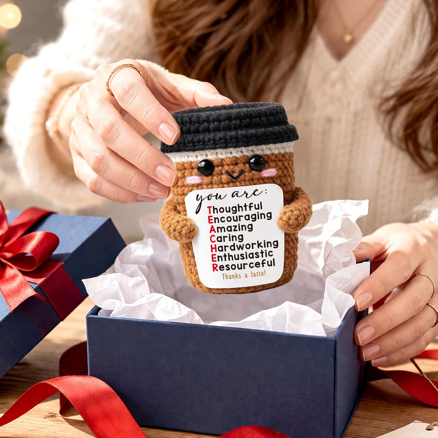 TuSuQing Teacher Appreciation Gifts, Thank You Gifts for Teachers Day Mini Cute Christmas Handmade Crochet Latte Gifts for End of Year, Graduation, Back to Bchool, Retirement