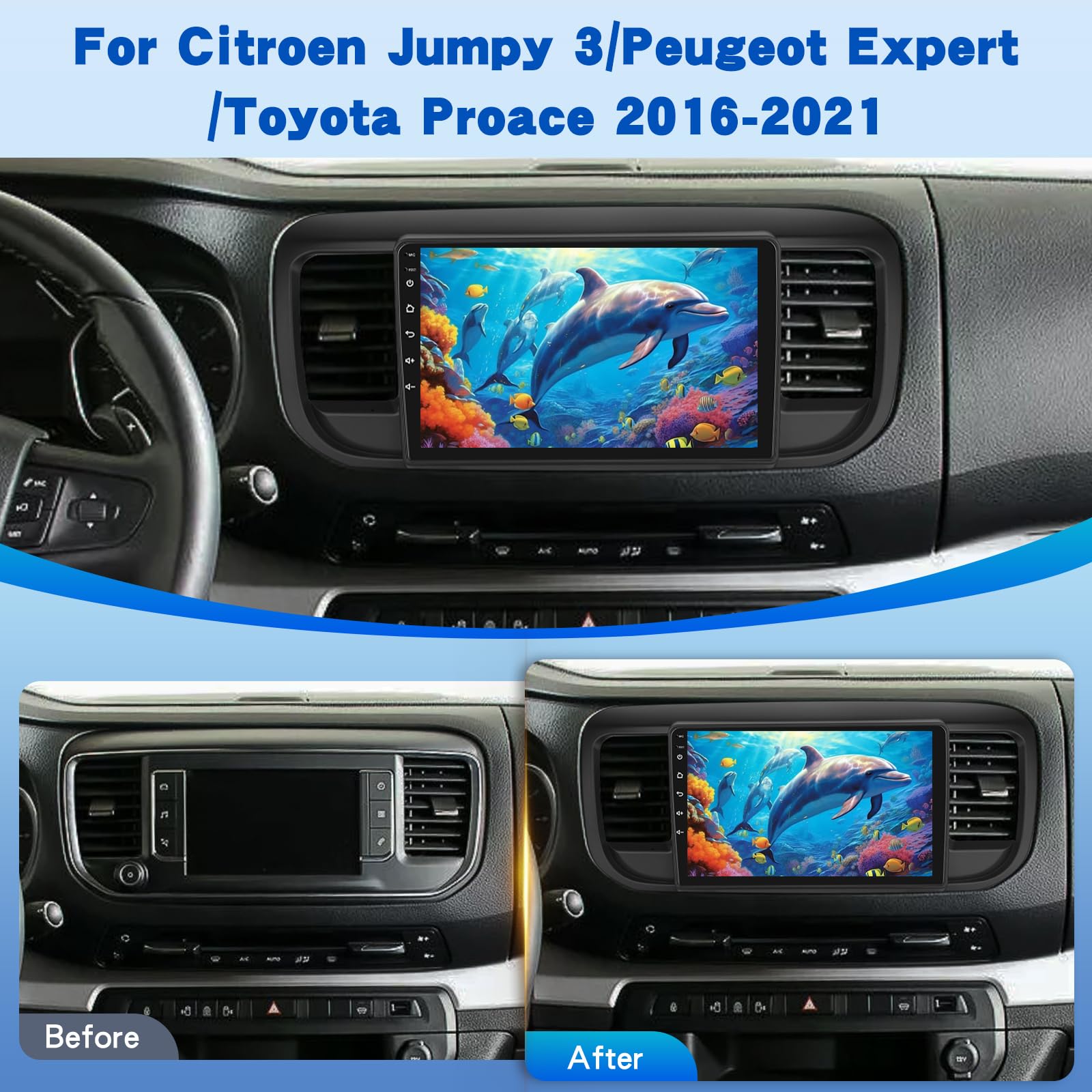 [2G+64G] Android Autoradio für Citroen Jumpy 3/Peugeot Expert/Toyota Proace 2016-2021 mit Kabelloses Carplay und Android Auto, 9 Zoll Touchscreen Autoradio mit GPS/WiFi/Bluetooth/EQ/FM RDS