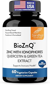Sandhus Zinc Supplement with Ionophores| Quercetin & Green Tea Extract for Superior Absorption and High Potency| 800mg Vegetarian Capsules 60 Count Pack of 1| Immune Support for Men & Women