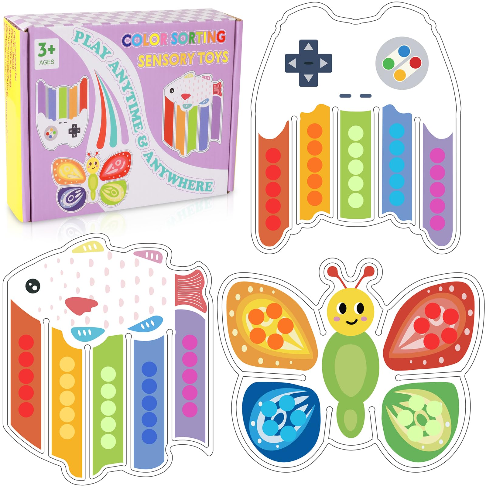 3PCS Colour Sorting Toys for Toddlers, Fish, Bee, Gamepad Shapes Sensory Toys for Autism & Fine Motor Skills, Montessori Toys for 3+ Years Old, Colour Sorting Toys Educational Toys Ideal for Toddlers