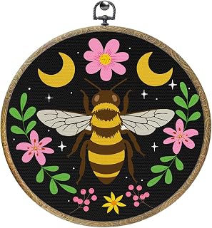 Flower Bee Decor Framed Round Wall Decor Bee Gifts Cottagecore Canvas Wall Art Hanging Prints Artwork for Home Bedroom Bathroom Girl Room Housewarming Birthday Gift for Her Mom Grandma 10.2X10.2In