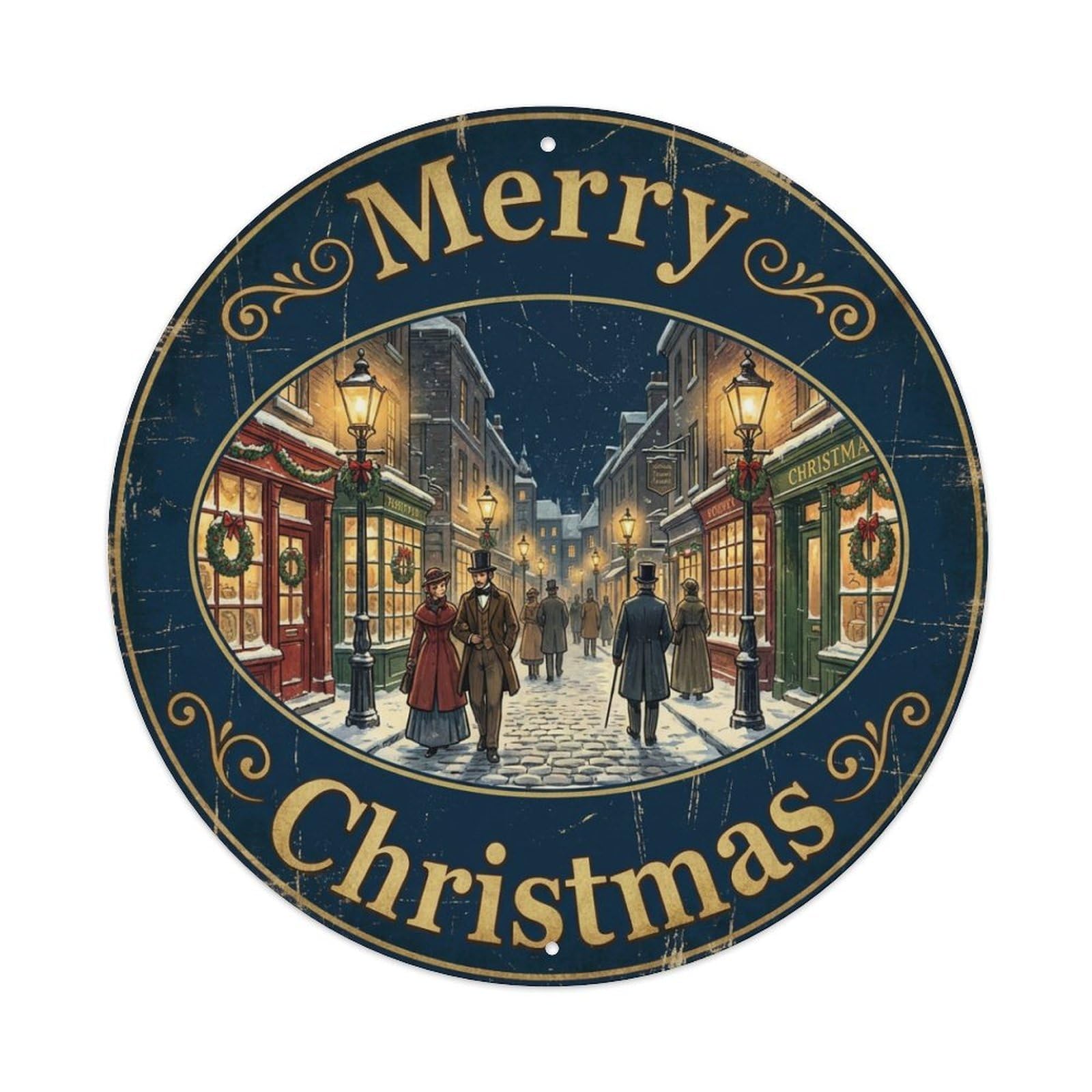 Merry Christmas Victorian Street Scene Metal Tin Sign
