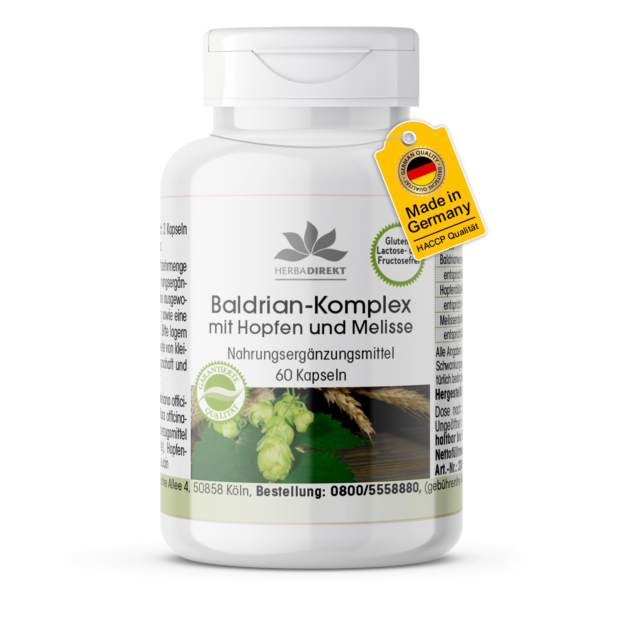 herba direkt Baldrian-Extrakt Plus mit Hopfen und Melisse 60 Kapseln - vegan