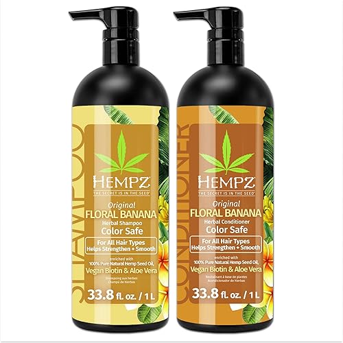 HEMPZ Juego de champú y acondicionador, aroma floral y plátano original para cabello seco, dañado y teñido - Biotina vegana hidratante, suavizante,