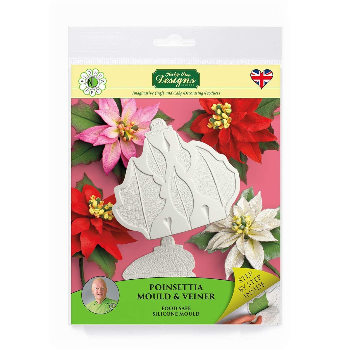 Katy SueFlower Pro Poinsettia Mould & Veiner Silicone Mould for Christmas Cake Decorating & Crafts - Contains 2 Moulds: 1) Petals, Leaves & Stamen, 2) Back Veiner