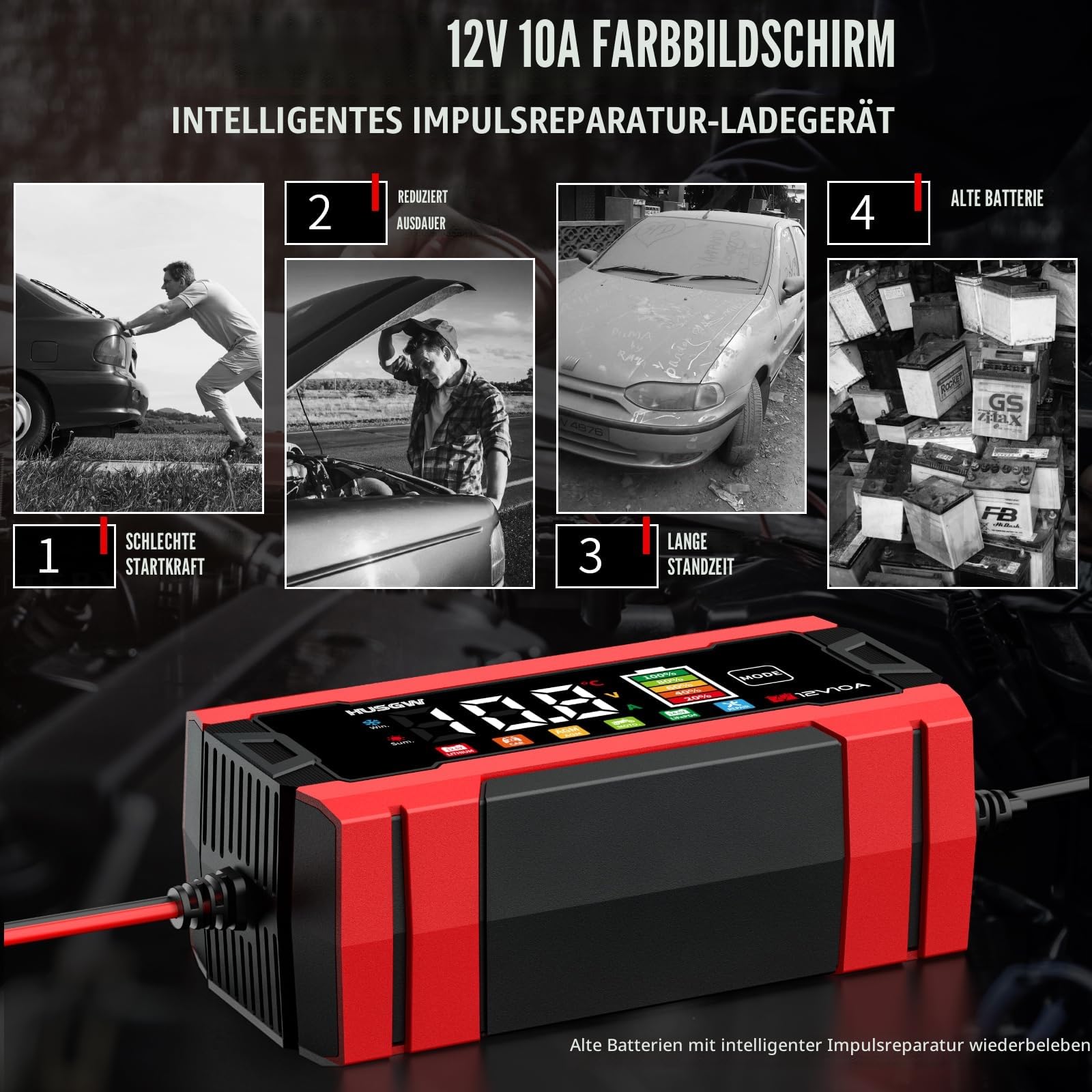 12V 10A Autobatterie Ladegerät mit Farbdisplay, automatischer Abschaltung & Temperaturkompensation, für Auto/Motorrad (AGM/EFB/Gel/LiFePO4), 6-Fach Schutz(Rot 10)