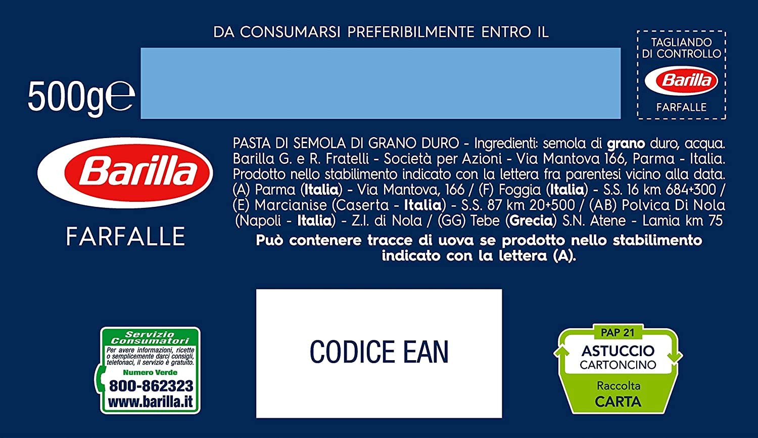 Barilla Farfalle 15 Kg - Pasta de Sémola Hecha con Ingredientes de Calidad para ser Siempre Buenos - Bondad Diaria Irresistible - 30 x 500 g (Farfalle)
