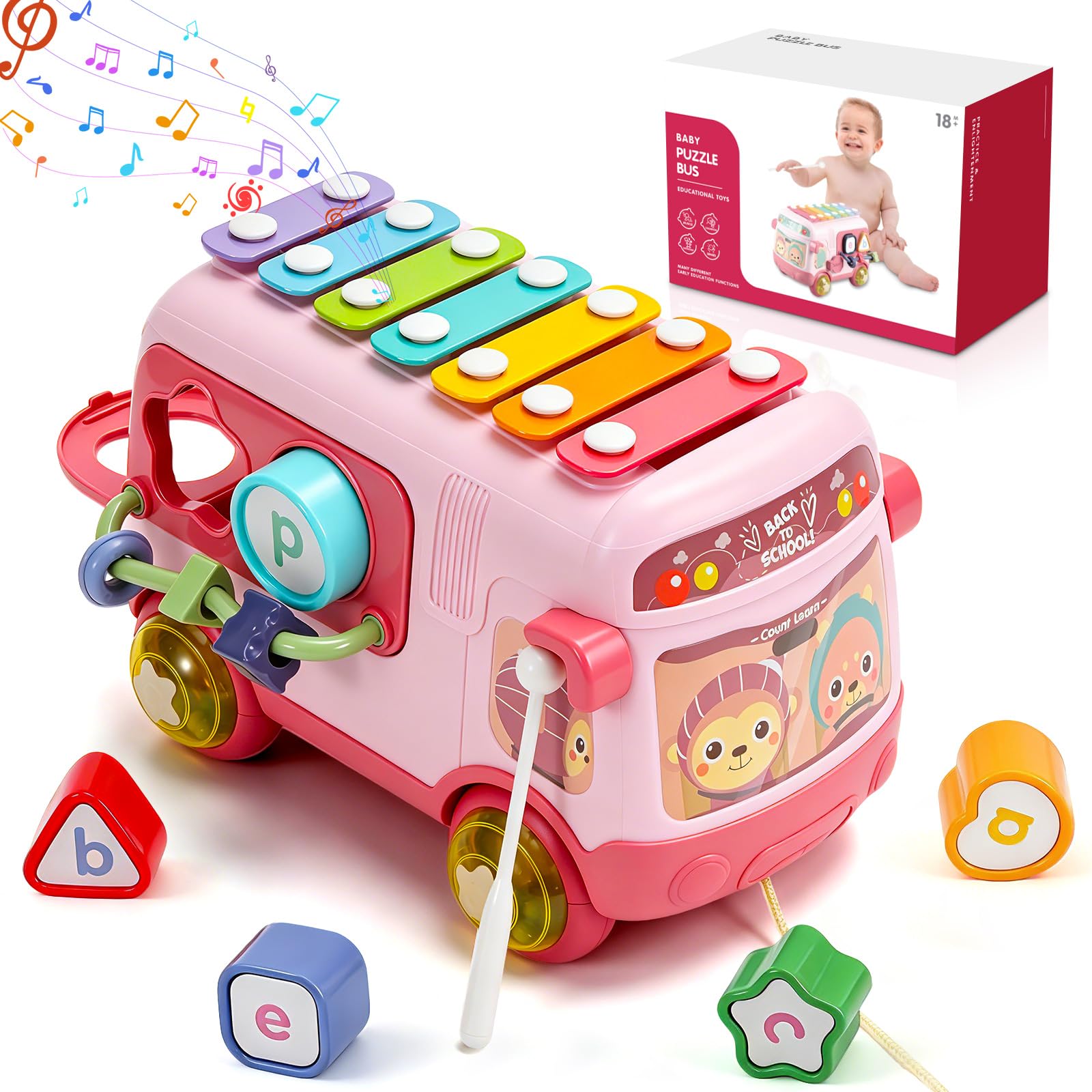 1-2 Year Old Girl Toys Gifts, Musical Sensory Activity Bus Toy for Baby