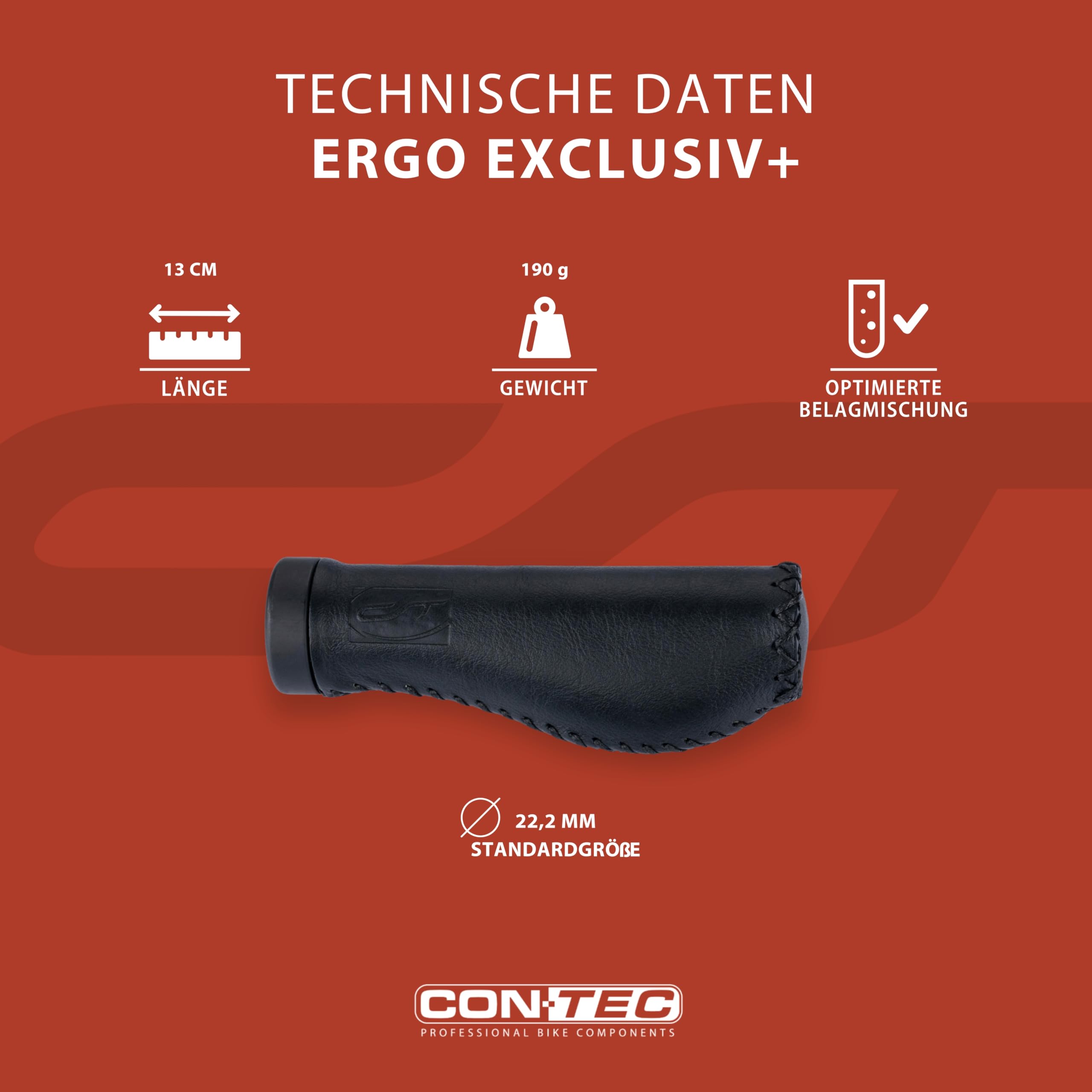 CONTEC Fahrrad-Griffe Ergo Exclusiv+, 135 mm, D3-Dreikomponenten, Leder, Ergonomisch, Stoßdämpfend, Für City- und Trekkingbike, Paar