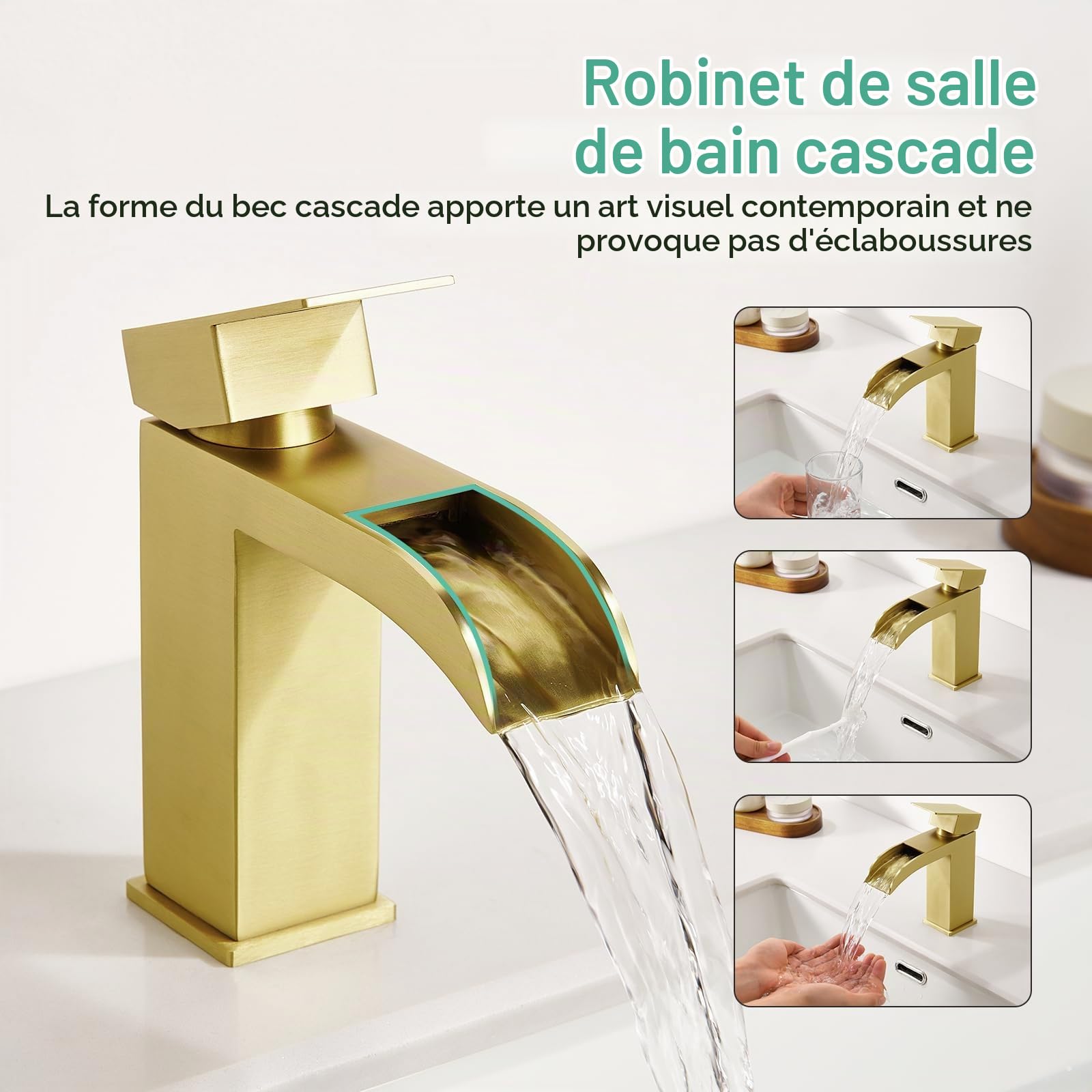 Faustina Robinet pour Lavabo Salle de Bain cascade rectangulaire, Mitigeur Monocommande, Or