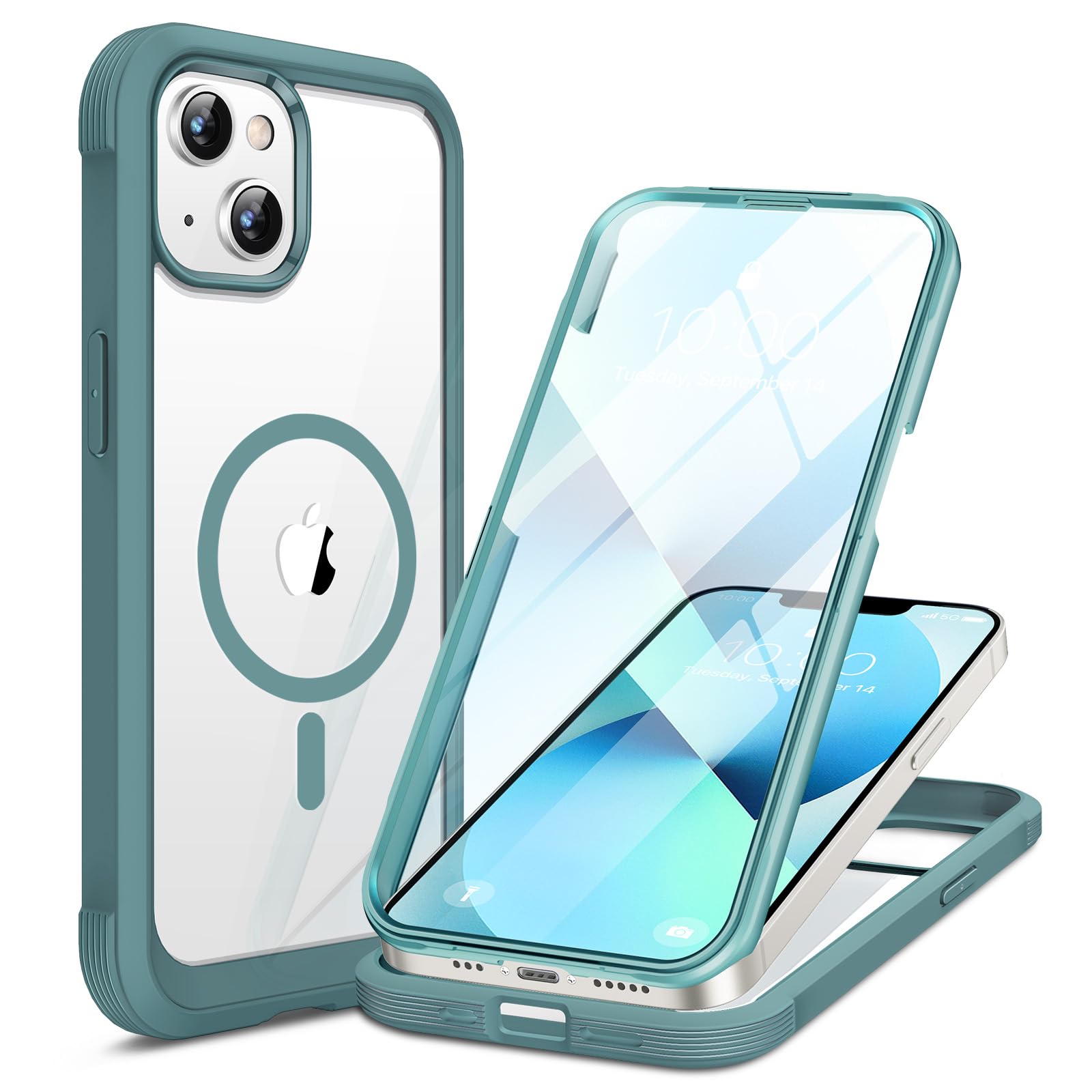 Miracase Compatible with iPhone 13 case 6.1 inch, 2021 Upgrade Full-Body Glass Clear Case Bumper Case with Built-in 9H Tempered Glass Screen Protector for iPhone 13,Teal