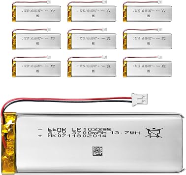 10X EEMB 3.7V Lipo Battery 3700mAh 103395 Rechargeable Lithium Polymer ion Battery Pack with JST Connector UL Certified for Cell Make Sure Device Polarity Matches with Battery Before Purchase!!!